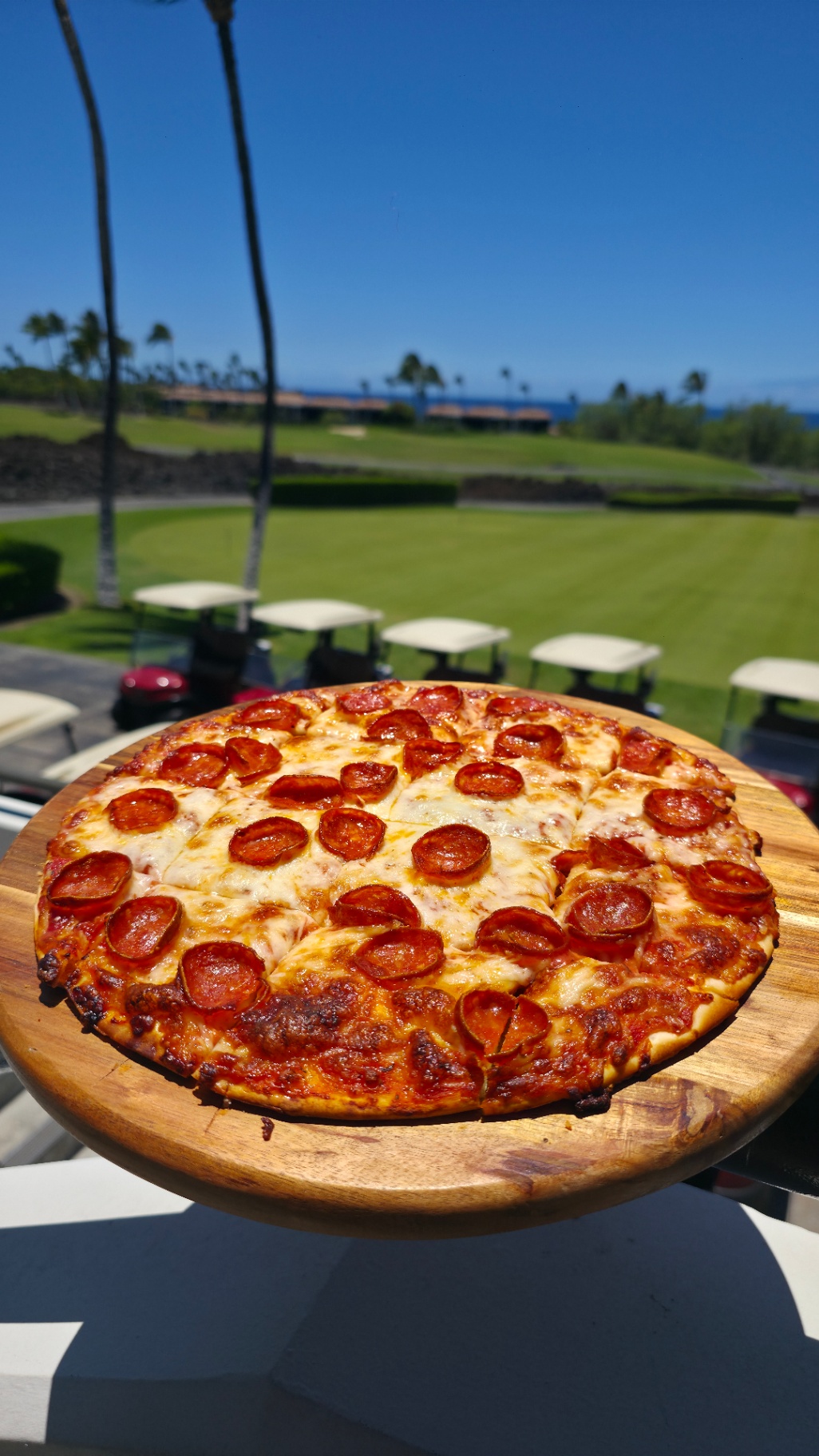 BIG Pizza Ember Pepperoni baked fresh overlooking the Mauna Lani fairway
