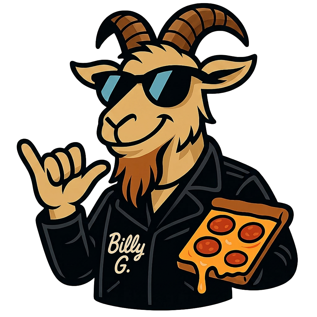 Billy G., the BIG Pizza goat mascot, repping Waikoloa with a shaka and a slice